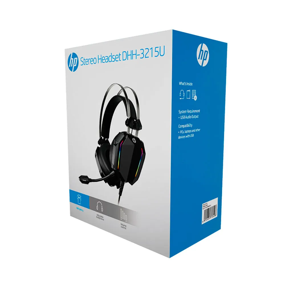 Headset HP DHH-3215U Gamer USB 7.1, RGB estático com sete cores, Resposta de frequência 20 Hz - 20 KHz, alto-falante 50 mm, cabo 2,2 Metros.